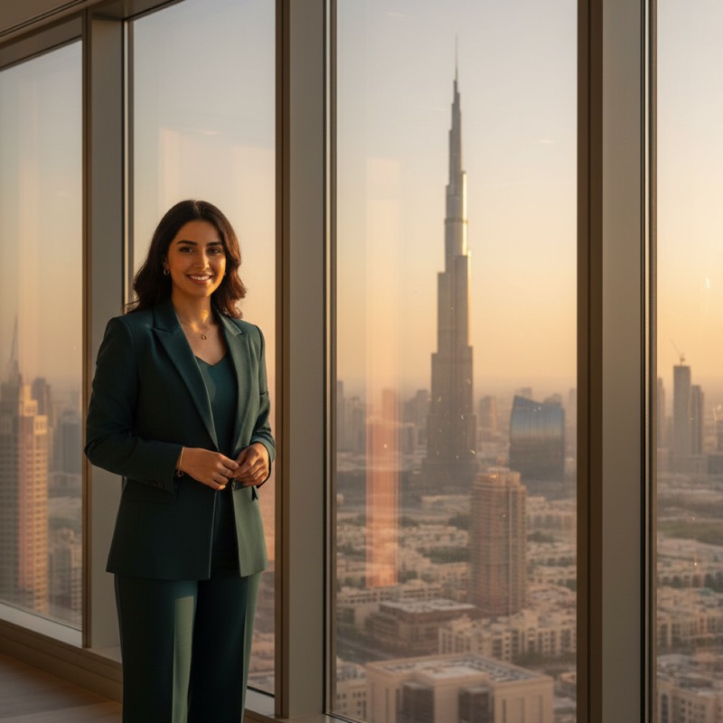 Enterprise leader with Dubai skyline and Burj Khalifa — AI advisory across the UAE