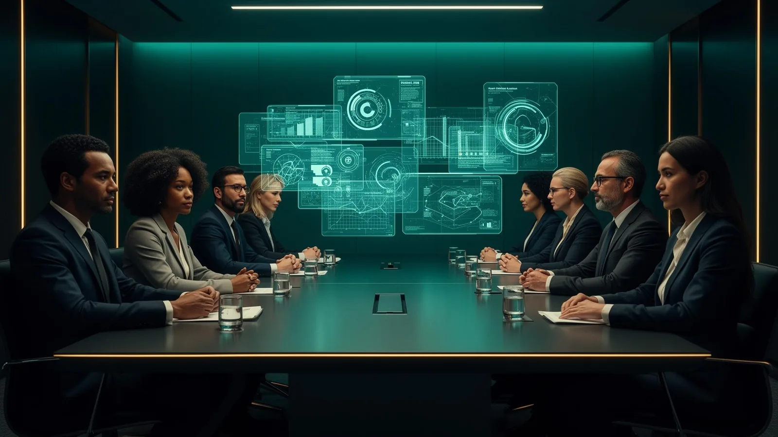 Enterprise leadership team in boardroom reviewing AI strategy